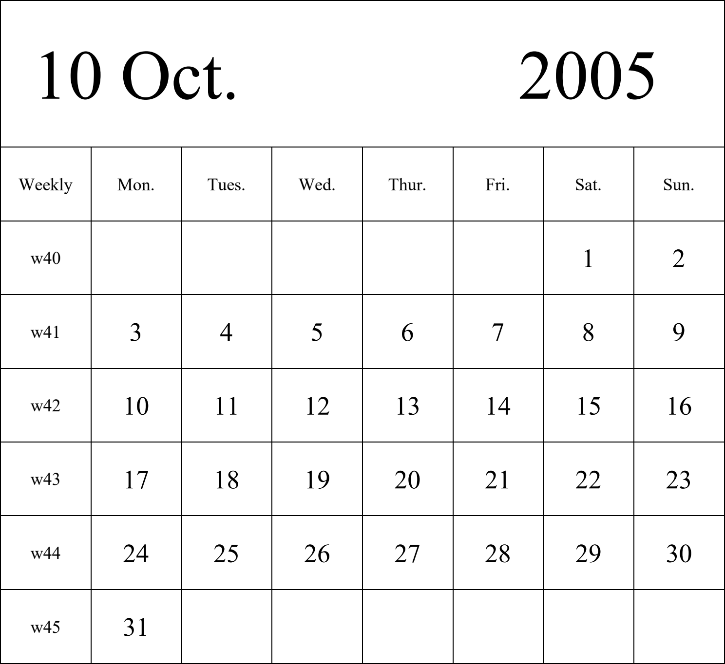 日历表2005年日历 英文版 纵向排版 周一开始 带周数